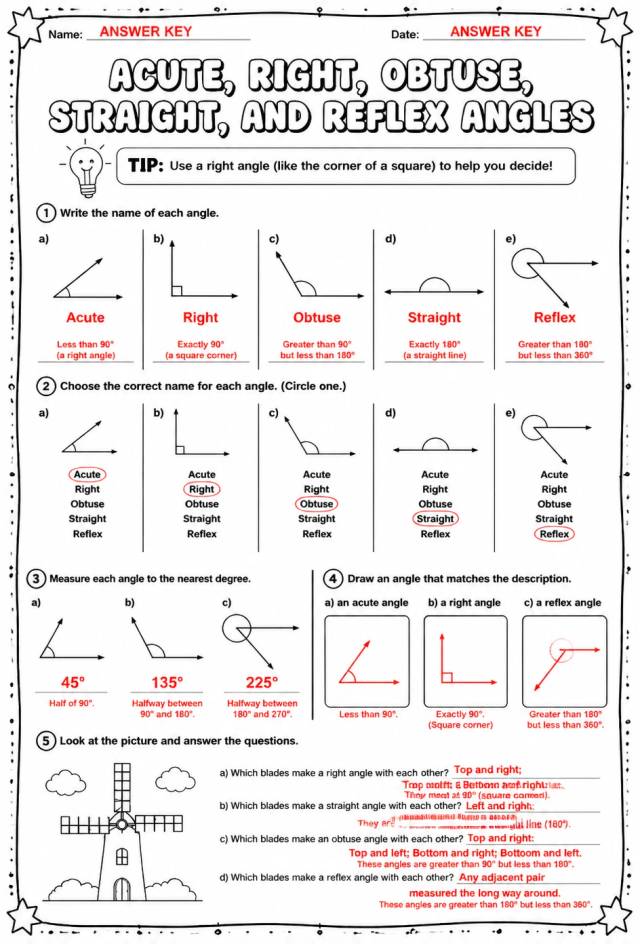 Answer key for Acute, right, obtuse, straight, and reflex angles — free printable Math worksheet