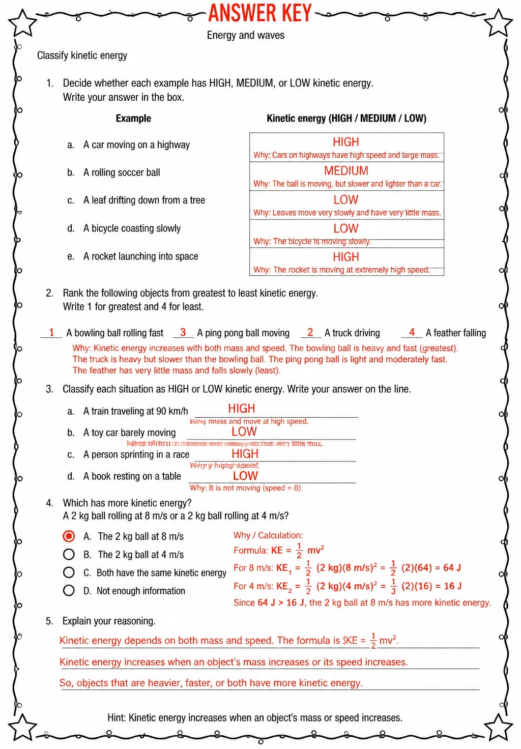 Answer key for Classify kinetic energy — free printable Science worksheet