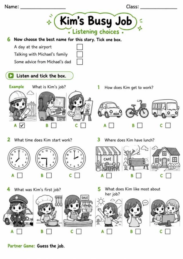 Cambridge Flyers - Kim's Busy Job | Free Worksheet primary printable PDF preview