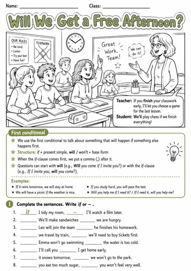 First Conditional: Will We Get A Free Afternoon? | Grades 5-6 Grammar Worksheet grades 5 6 printable PDF preview