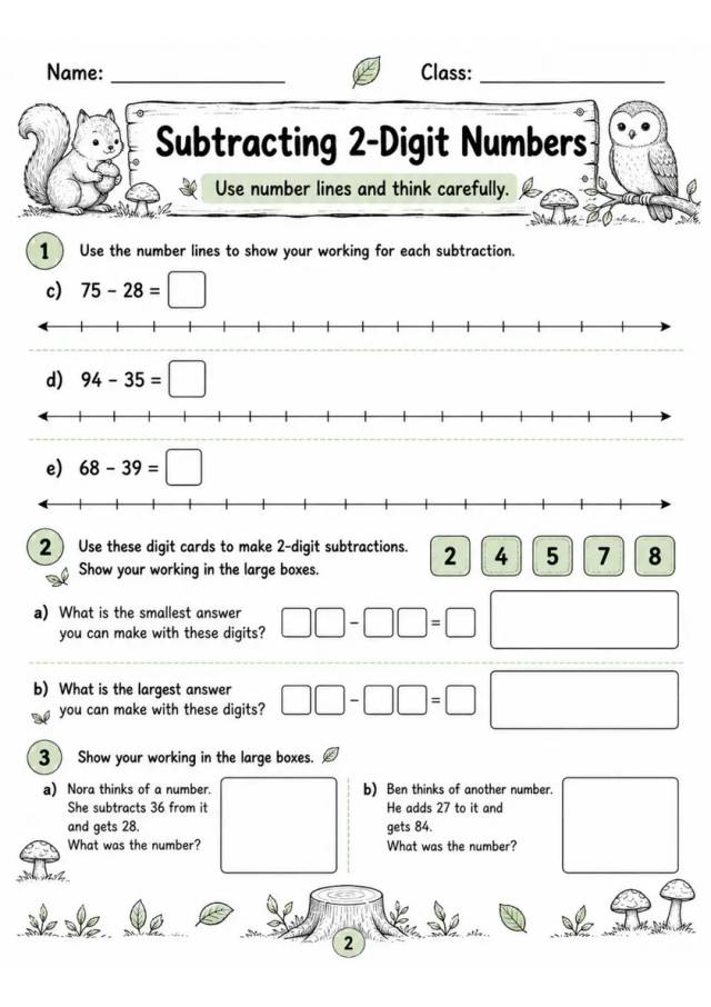 Subtracting 2-Digit Numbers - Grade 3 Math Worksheet - WKS-MAT-grade-3-XH-0081-EN grade 3 printable PDF preview