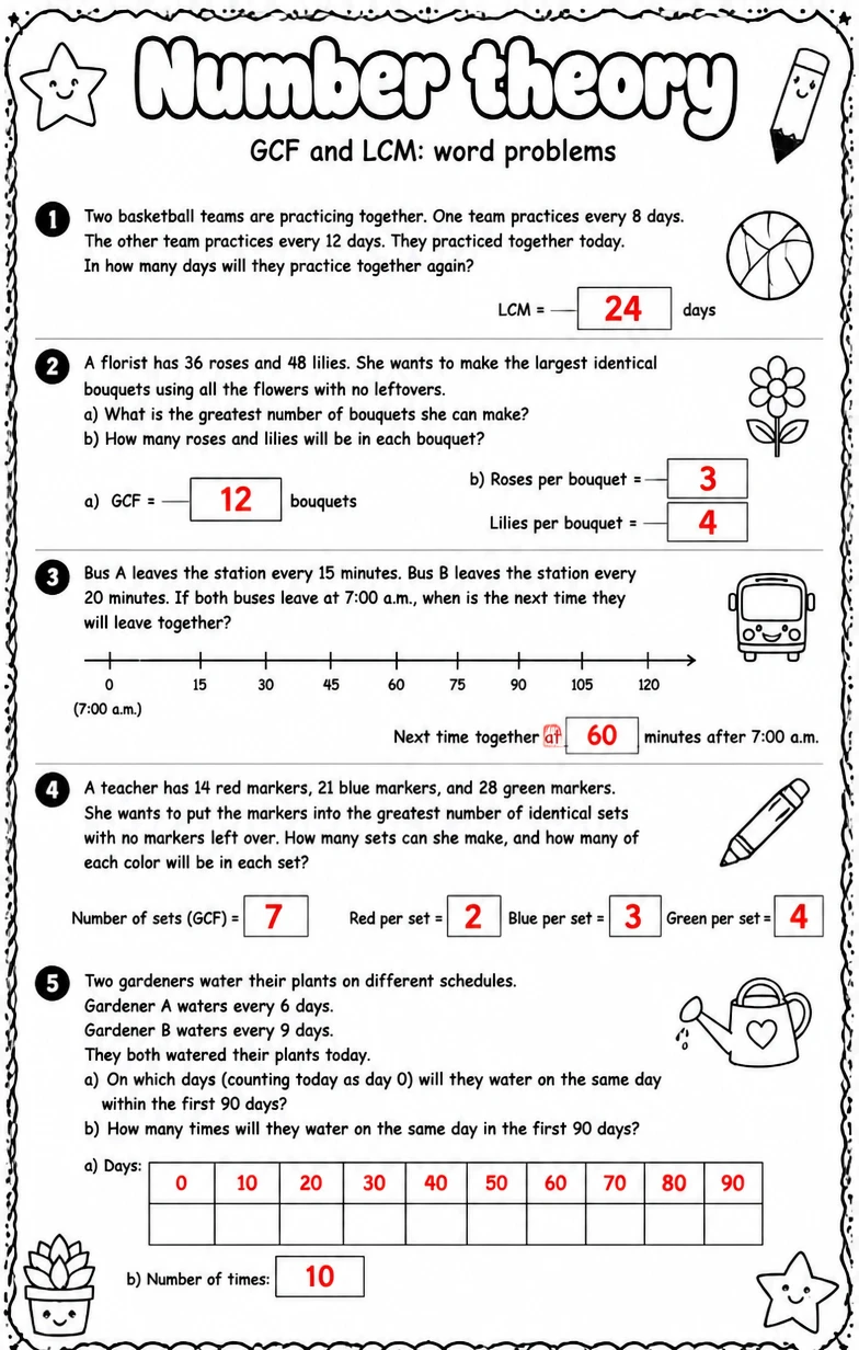 Answer key for GCF and LCM: word problems — free printable Math worksheet