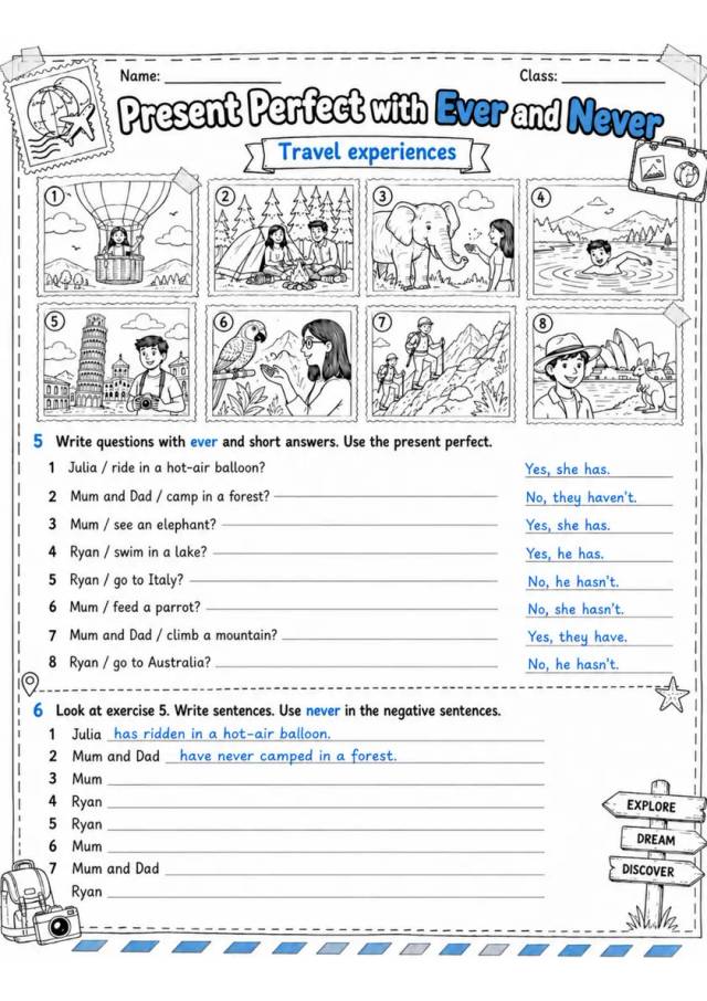Present Perfect With Ever And Never 3 | Grade 5 Grammar Worksheet grade 5 printable PDF preview