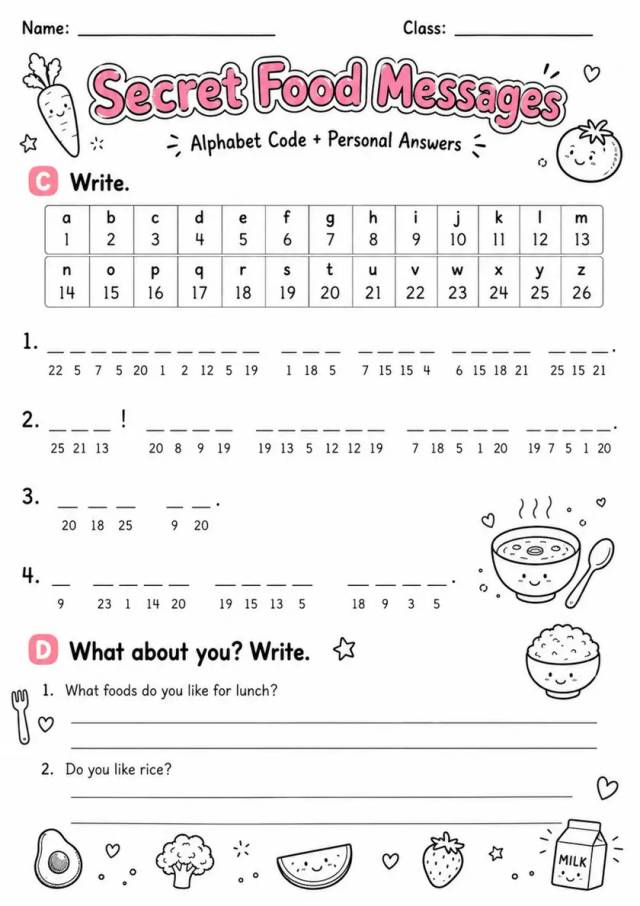 Secret Food Messages | Grade 2 Phonics Worksheet grade 2 printable PDF preview