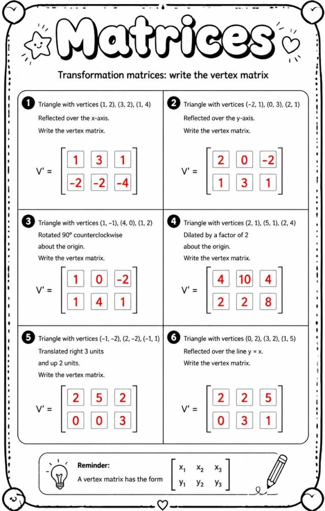 Answer key for Transformation matrices: write the vertex matrix — free printable Math worksheet