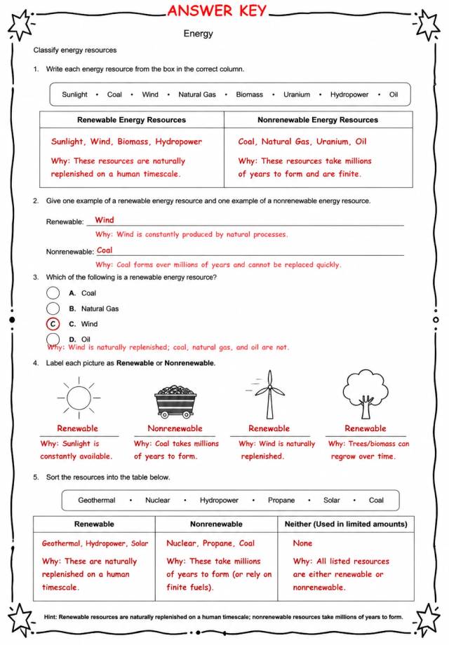 Answer key for Classify energy resources — free printable Science worksheet