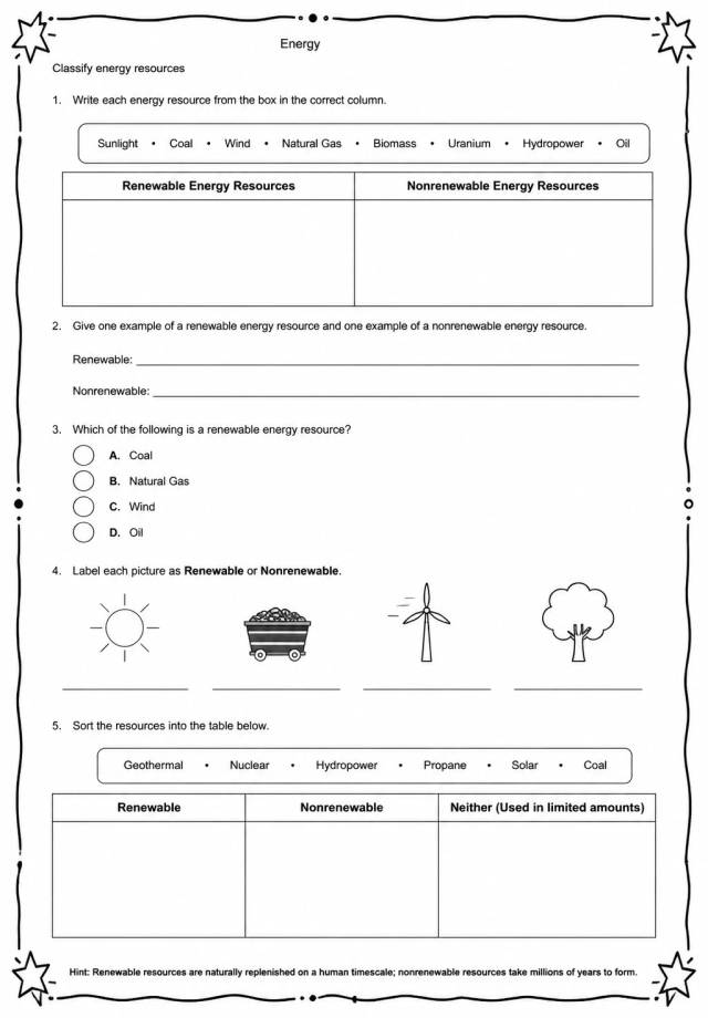 Classify energy resources — free printable Middle School Science worksheet