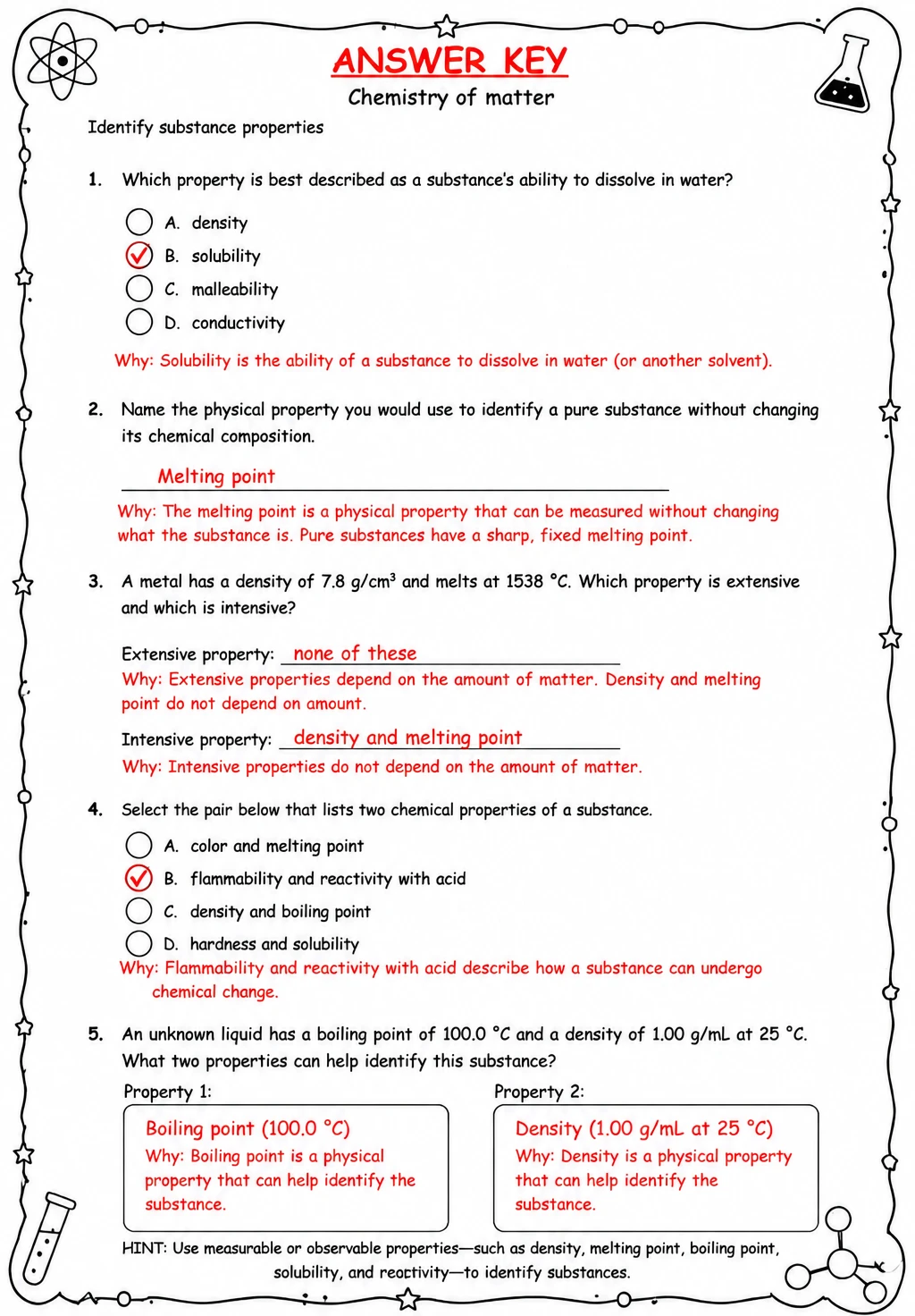 Answer key for Identify substance properties — free printable Science worksheet