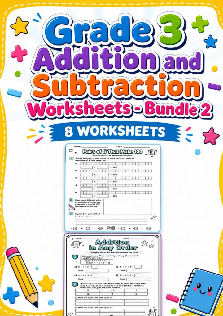 Grade 3 Addition and Subtraction Worksheets - Pack 2 grade 3 printable PDF preview