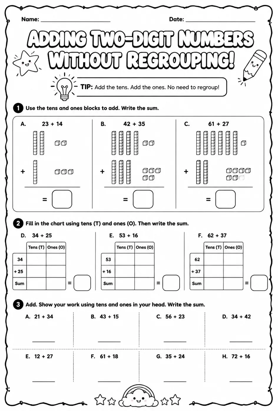 Use models to add two-digit numbers - without regrouping — free printable Grade 2 math worksheet