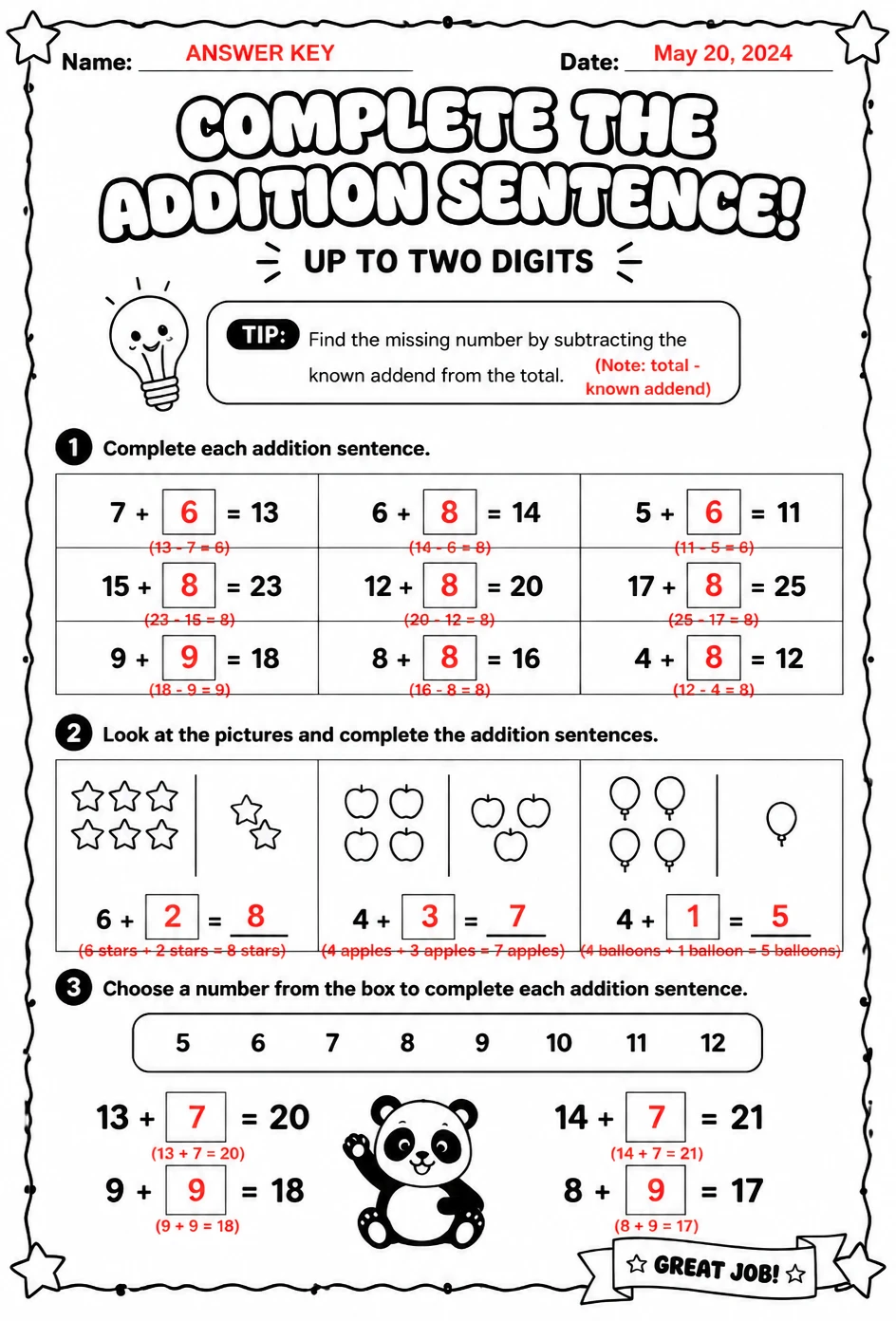 Answer key for Complete the addition sentence - up to two digits — free printable Math worksheet