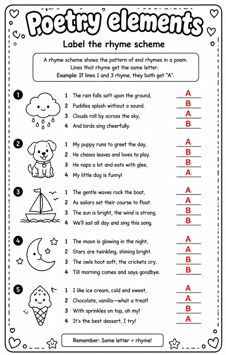 Answer key for Label the rhyme scheme — free printable English & Reading worksheet