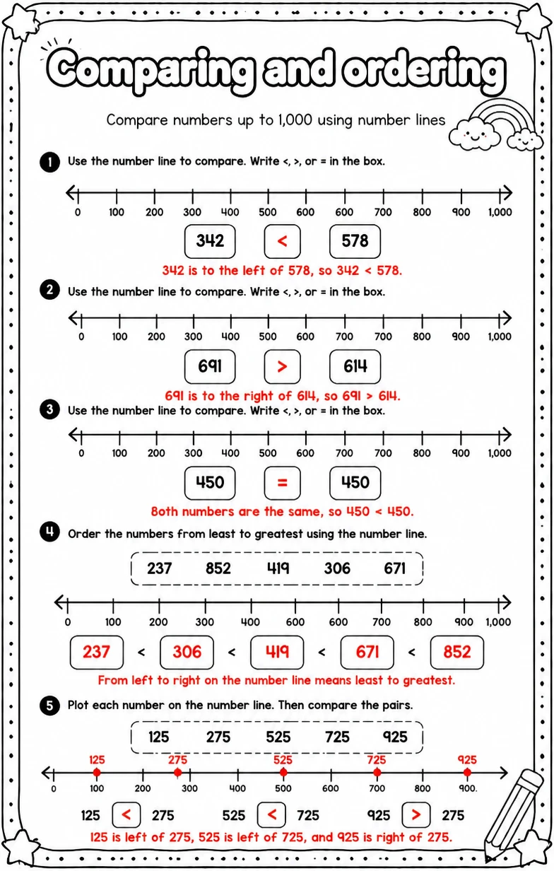 Answer key for Compare numbers up to 1,000 using number lines — free printable Math worksheet