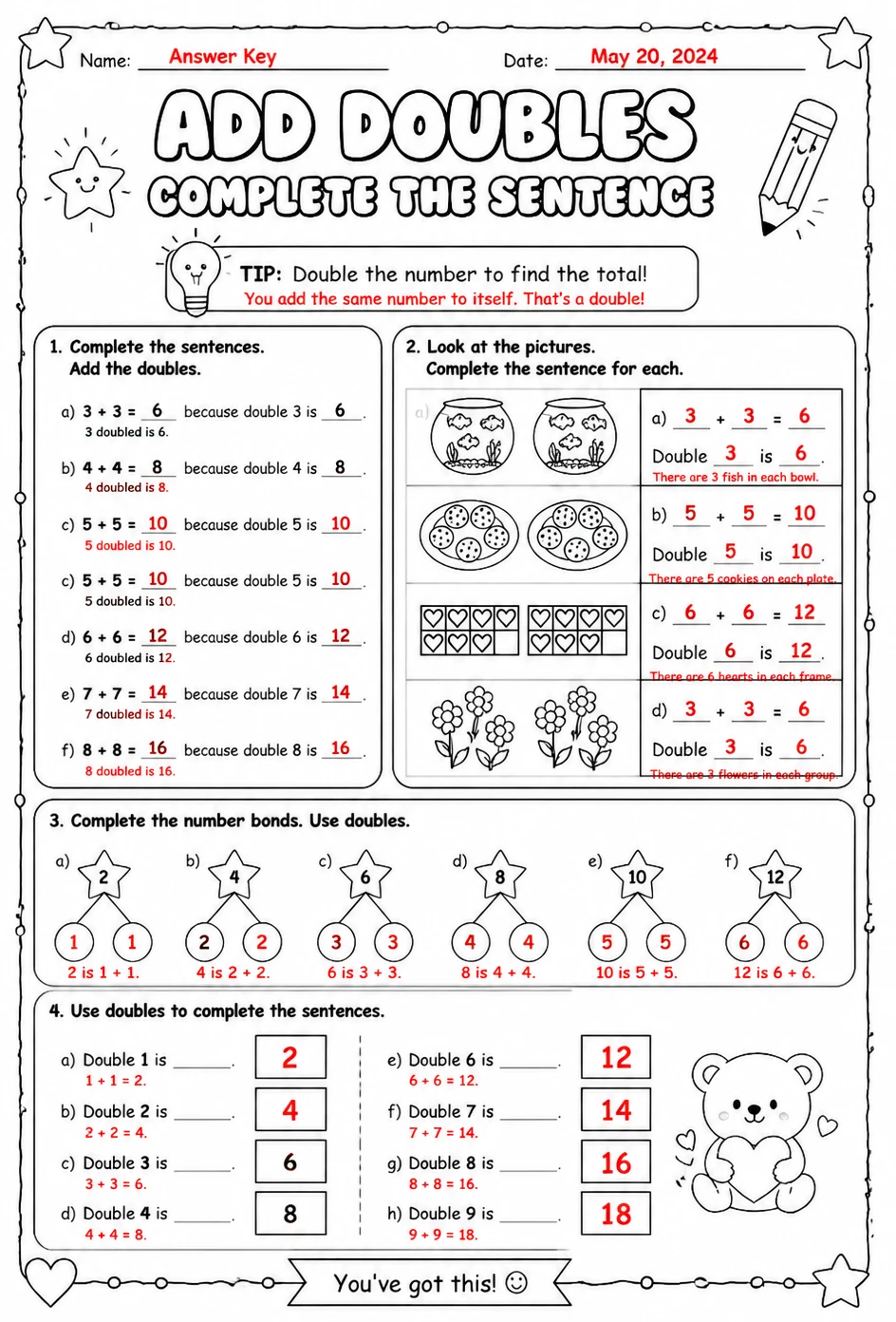 Answer key for Add doubles - complete the sentence — free printable Math worksheet