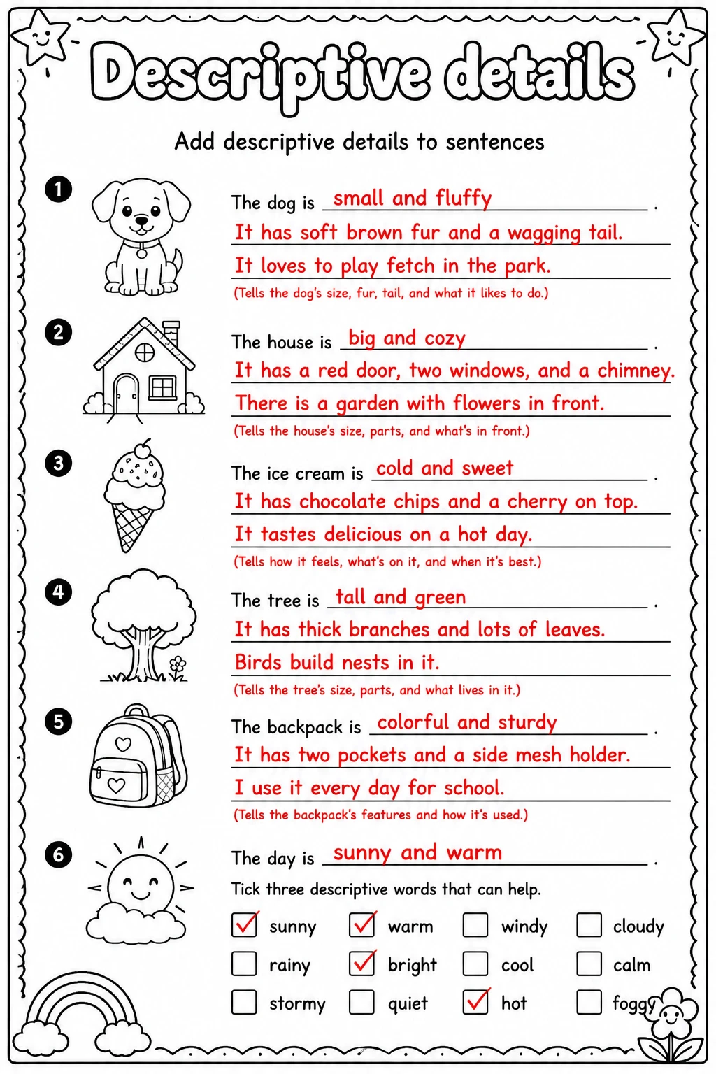 Answer key for Add descriptive details to sentences — free printable English & Reading worksheet