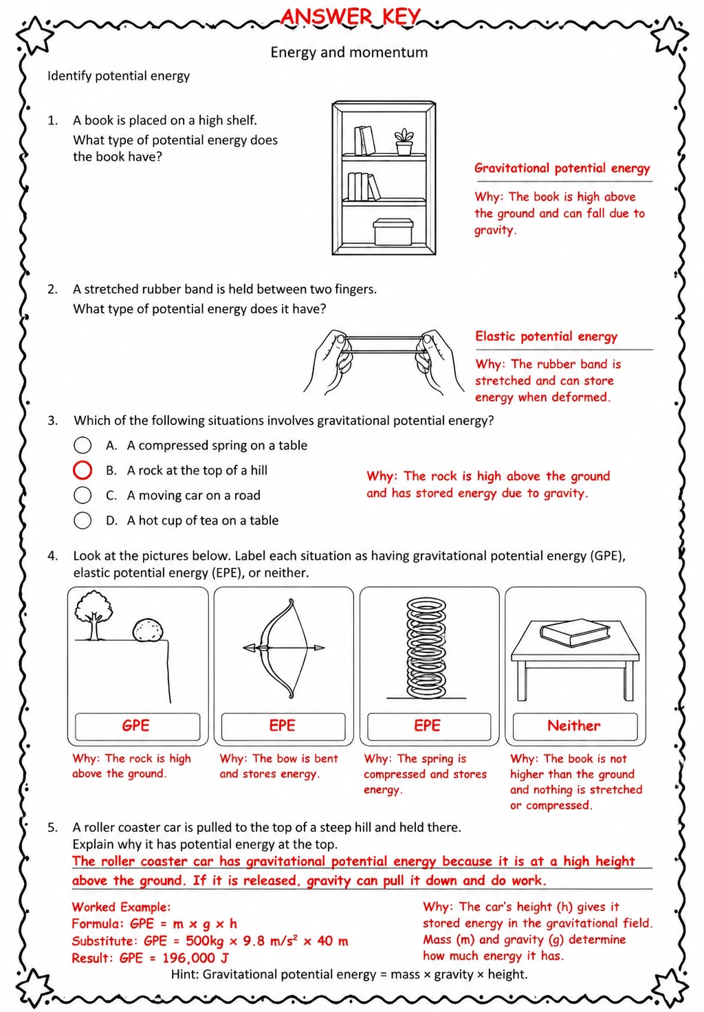 Answer key for Identify potential energy — free printable Science worksheet