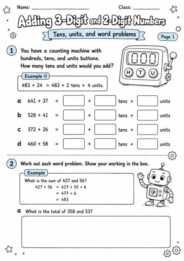 Adding 3-Digit and 2-Digit Numbers - Grade 3 Math Worksheet - WKS-MAT-grade-3-XH-0062-EN grade 3 printable PDF preview