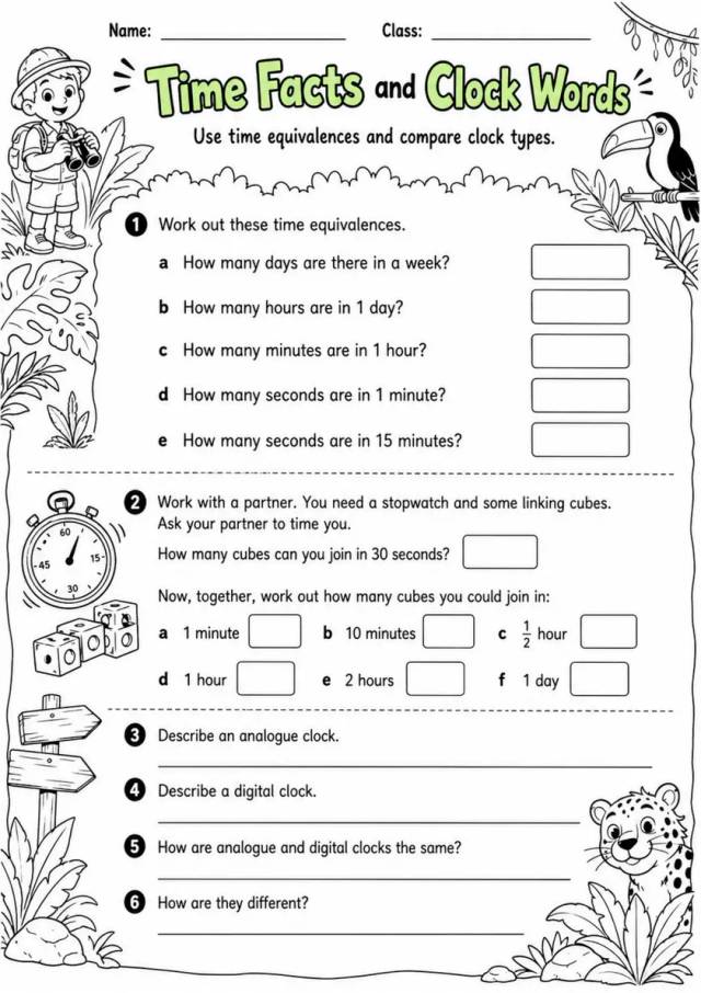 Time Facts and Clock Words - Grade 3 Math Worksheet grade 3 printable PDF preview