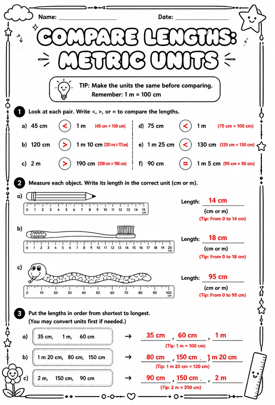 Answer key for Compare lengths: metric units — free printable Math worksheet
