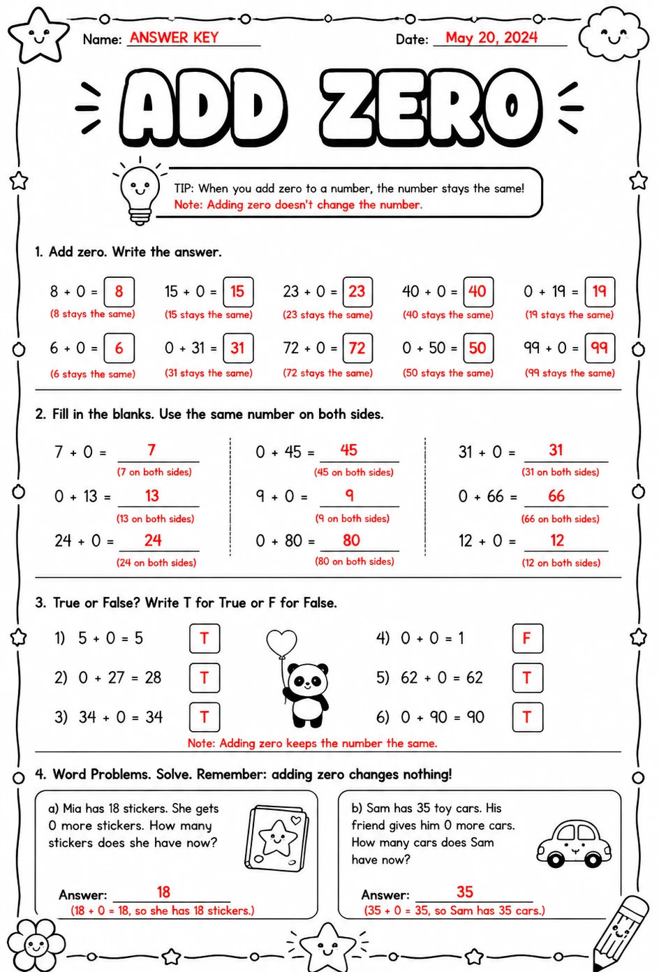 Answer key for Add zero — free printable Math worksheet