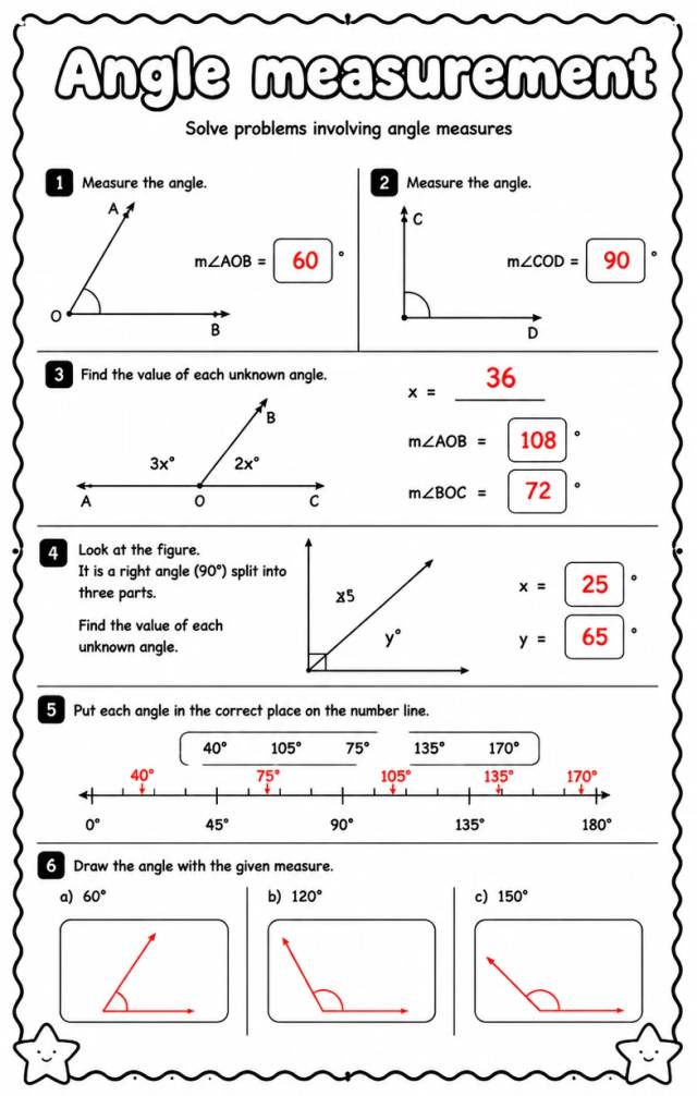 Answer key for Solve problems involving angle measures — free printable Math worksheet