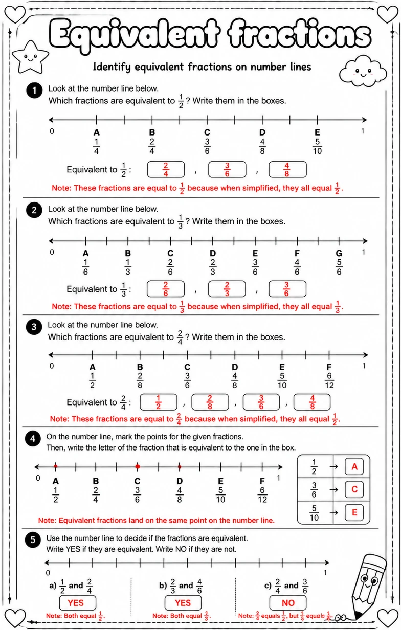 Answer key for Identify equivalent fractions on number lines — free printable Math worksheet