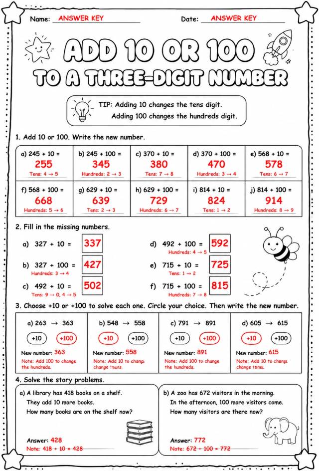 Answer key for Add 10 or 100 to a three-digit number — free printable Math worksheet