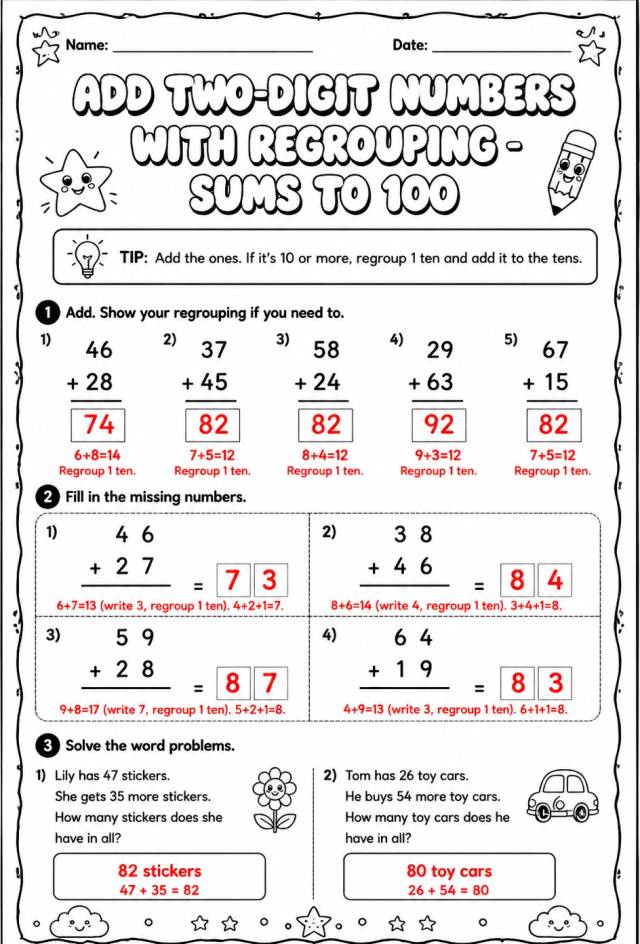 Answer key for Add two-digit numbers with regrouping - sums to 100 — free printable Math worksheet