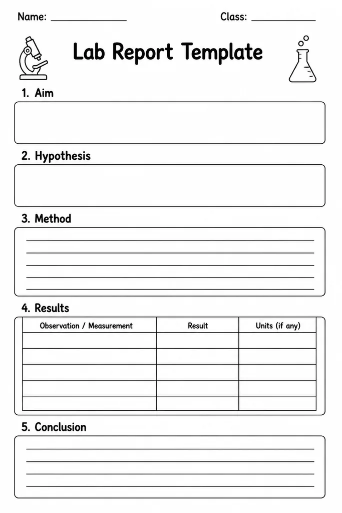 Blank printable lab report template with clearly labelled sections for aim, hypothesis, materials, method, results, analysis, and conclusion