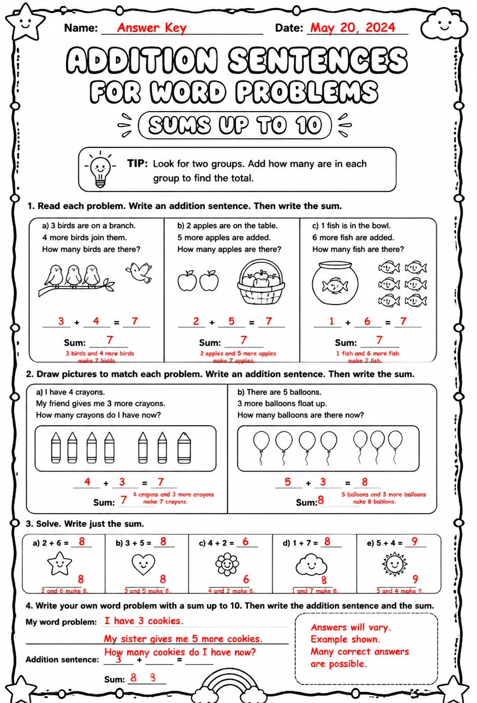 Answer key for Addition sentences for word problems - sums up to 10 — free printable Math worksheet