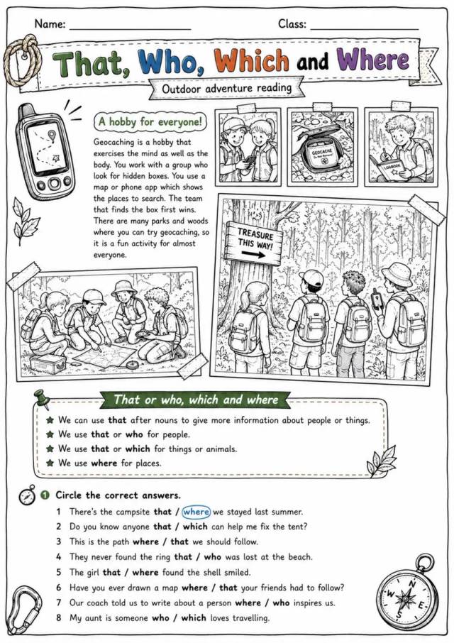 Relative Clauses: That, Who, Which And Where | Grades 5-6 Grammar Worksheet grades 5 6 printable PDF preview