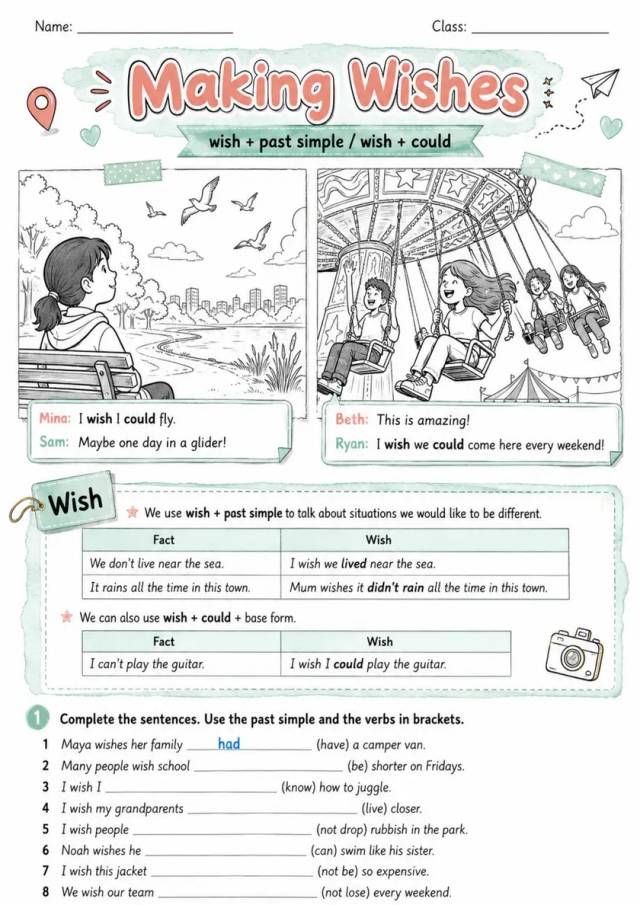Wish: Making Wishes | Grades 5-6 Grammar Worksheet grades 5 6 printable PDF preview