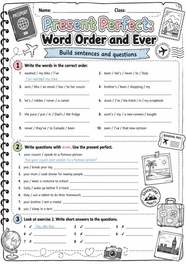 Present Perfect: Word Order And Ever | Grade 5 Grammar Worksheet grade 5 printable PDF preview