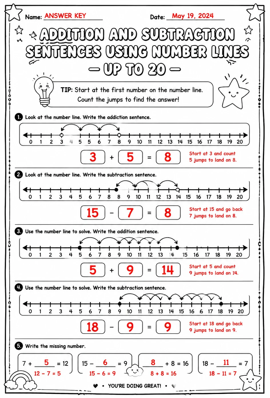 Answer key for Addition and subtraction sentences using number lines - up to 20 — free printable Math worksheet
