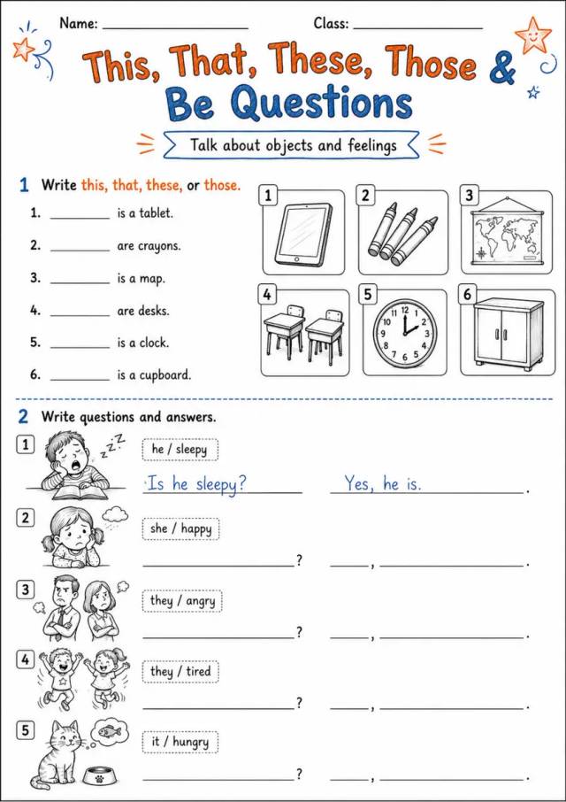 This, That, These, Those & Be Questions | Grades 2-3 Grammar Worksheet grades 2 3 printable PDF preview