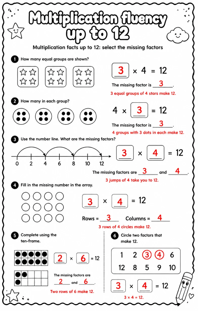 Answer key for Multiplication facts up to 12: select the missing factors — free printable Math worksheet