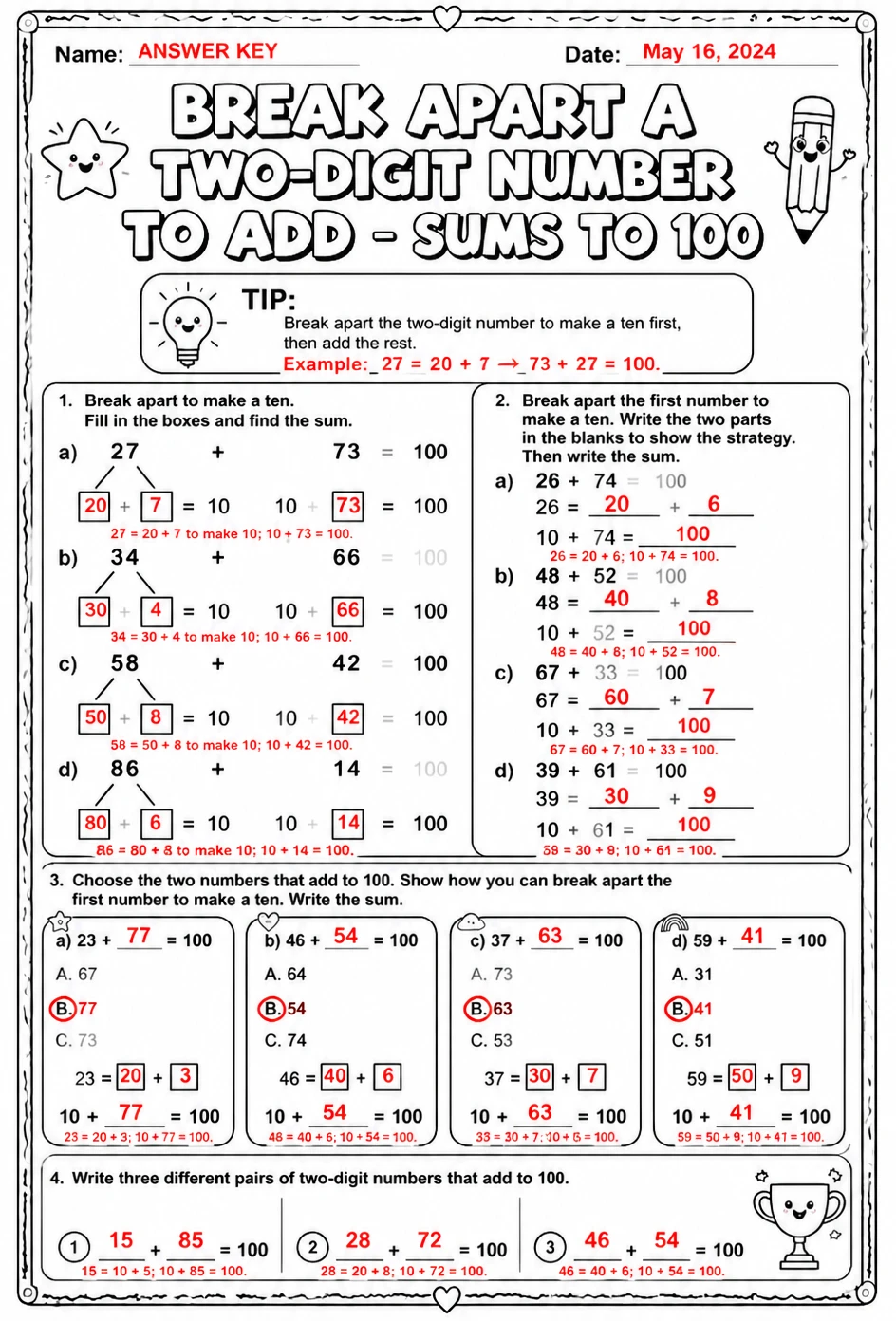 Answer key for Break apart a two-digit number to add - sums to 100 — free printable Math worksheet