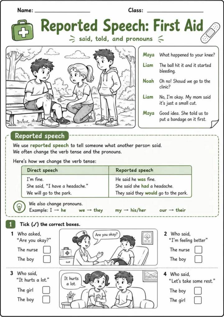 Reported Speech Pack - 7 Worksheets | Grade 5 grade 5 printable PDF preview