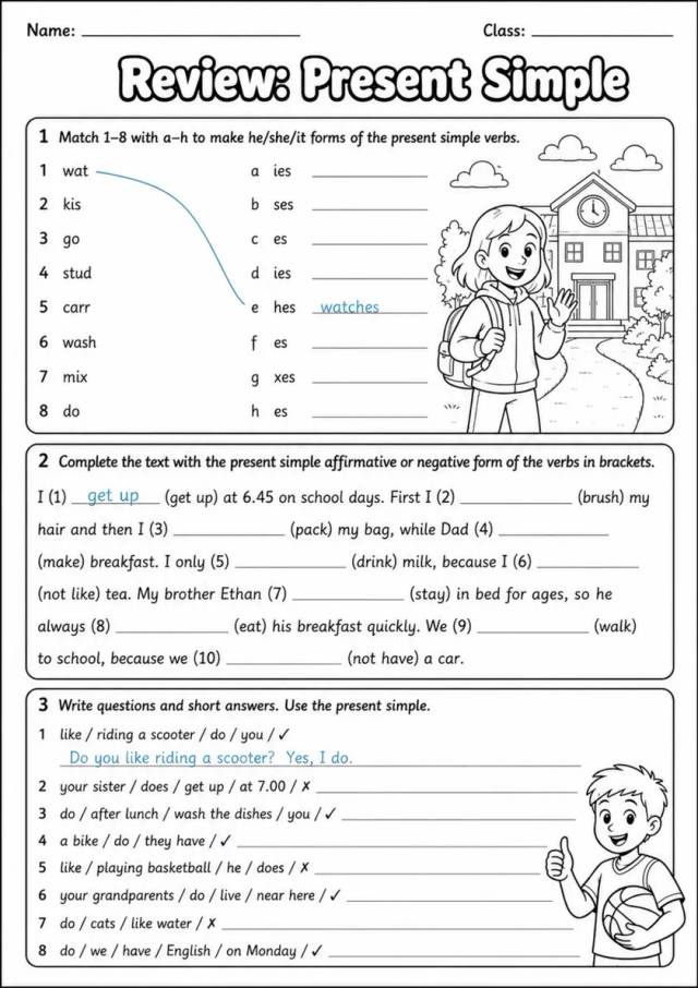 Review: Present Simple | Grades 3-4 Grammar Worksheet grades 3 4 printable PDF preview