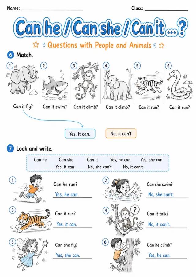Can He She or It? Ability Questions | Grade 1 Grammar Worksheet grade 1 printable PDF preview