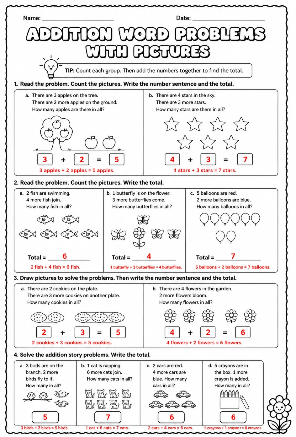 Answer key for Addition word problems with pictures - sums up to 10 — free printable Math worksheet