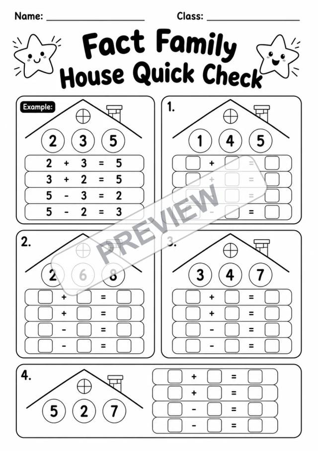 Fact Family House Quick Check | Addition and Subtraction Within 10 | Grade 1 watermarked worksheet preview