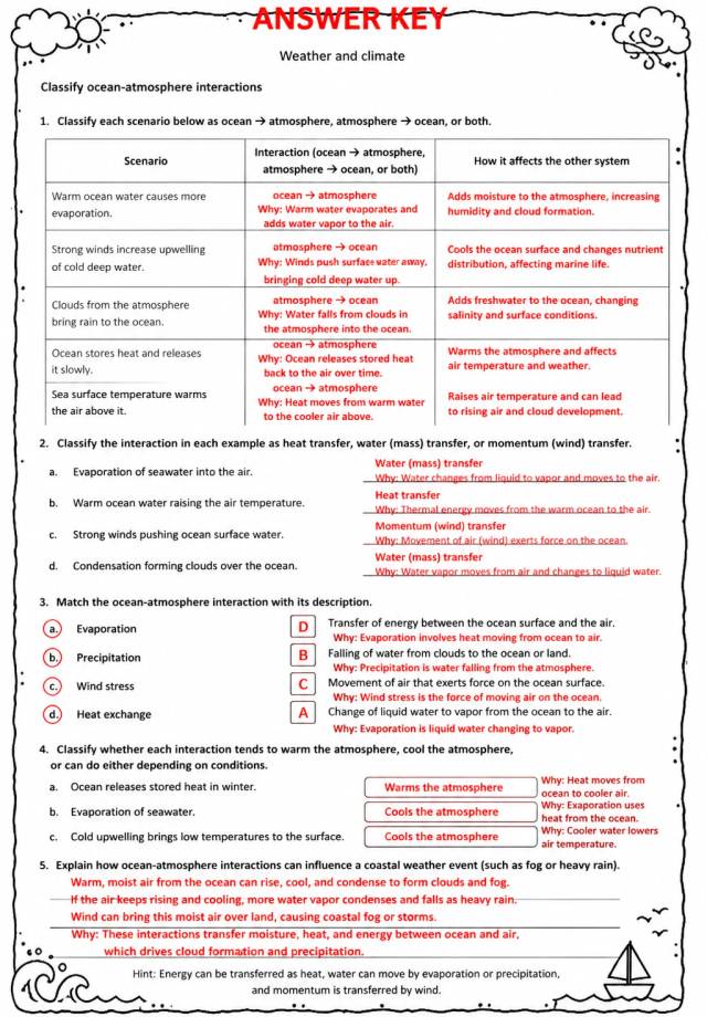 Answer key for Classify ocean-atmosphere interactions — free printable Science worksheet
