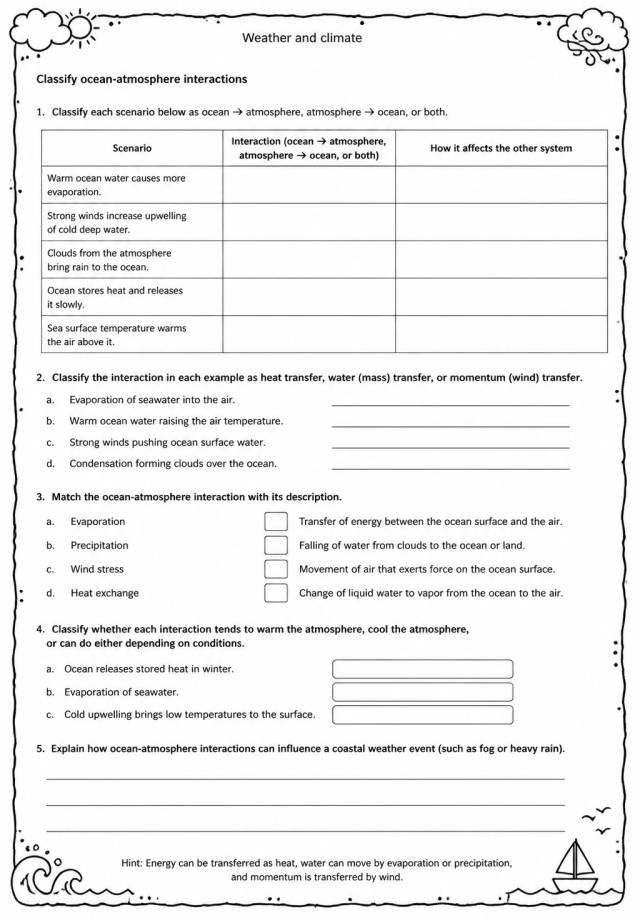 Classify ocean-atmosphere interactions — free printable Middle School Science worksheet