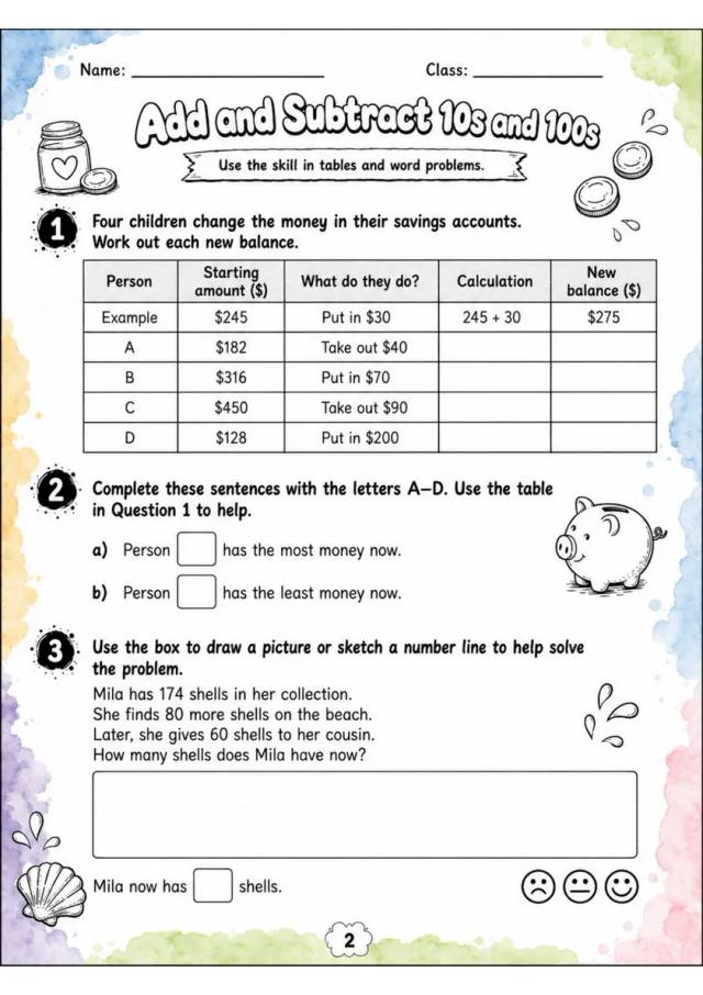 Add and Subtract 10s and 100s - Grade 3 Math Worksheet - grade 3 Graphs, tables, and data interpretation grade 3 printable PDF preview