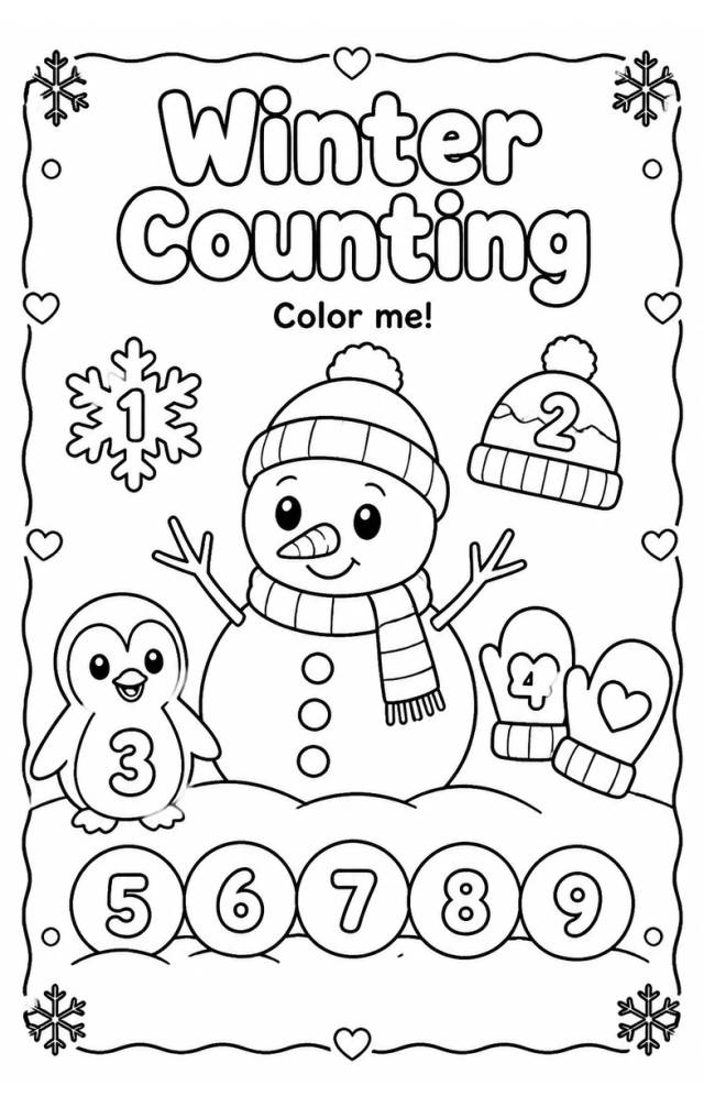 Winter Counting Coloring Page — free printable Kindergarten Math worksheet