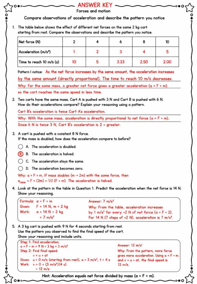Answer key for Compare observations of acceleration and describe the pattern you notice — free printable Science worksheet