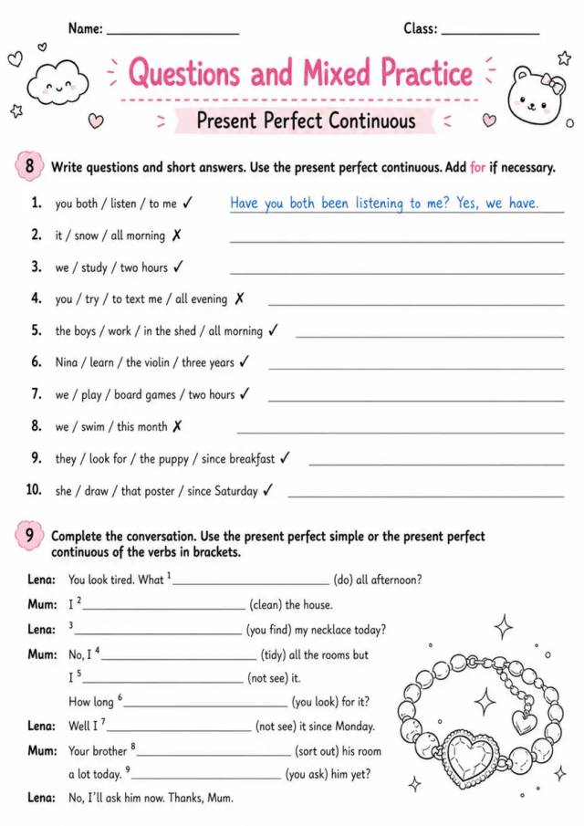 Present Perfect Continuous Questions | Grades 5-6 Grammar Worksheet grades 5 6 printable PDF preview