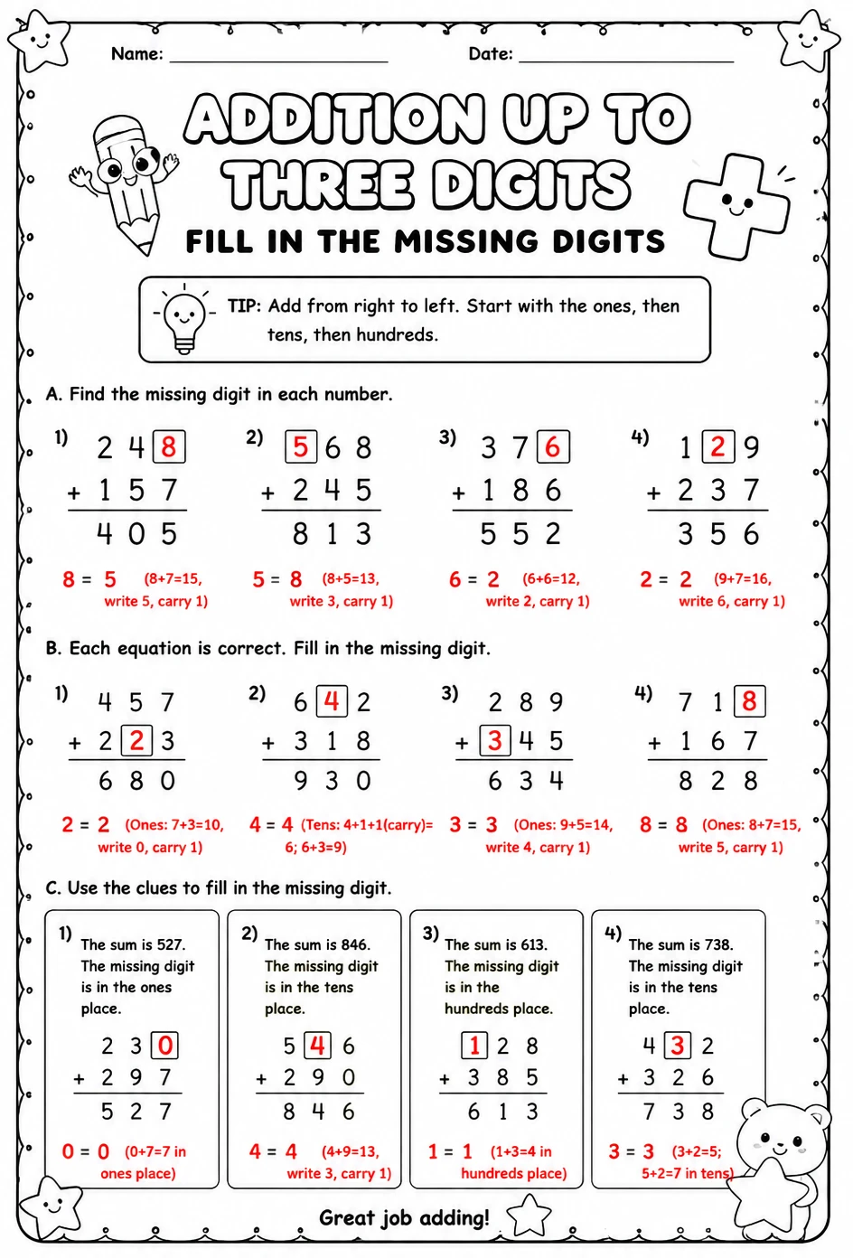 Answer key for Addition up to three digits - fill in the missing digits — free printable Math worksheet