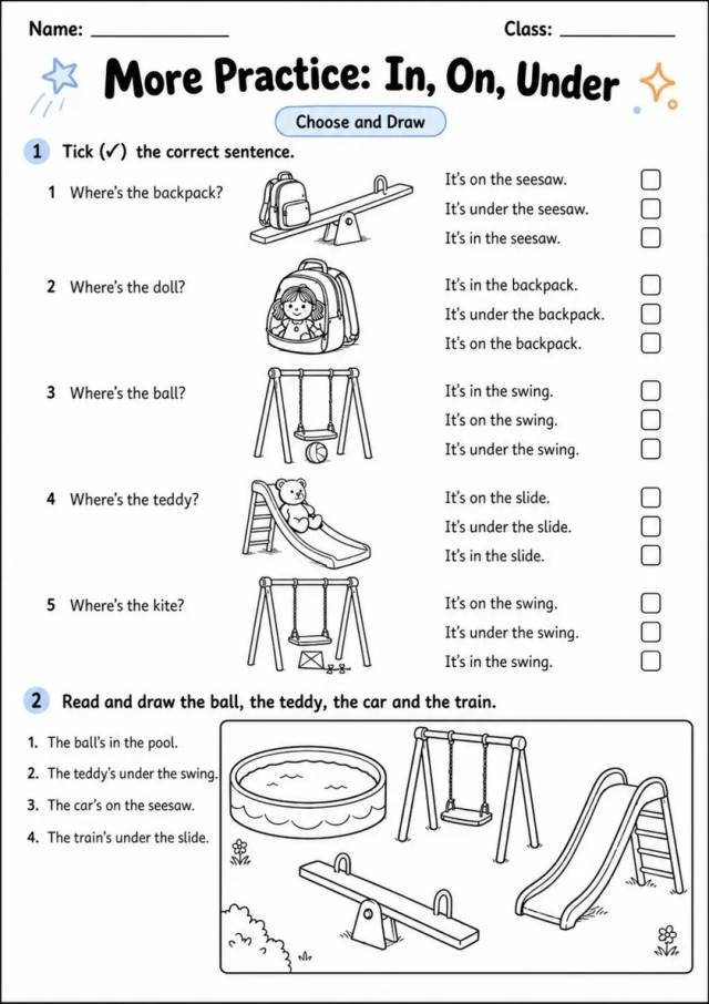 In On Under Choose and Draw | Grade 1 Grammar Worksheet grade 1 printable PDF preview